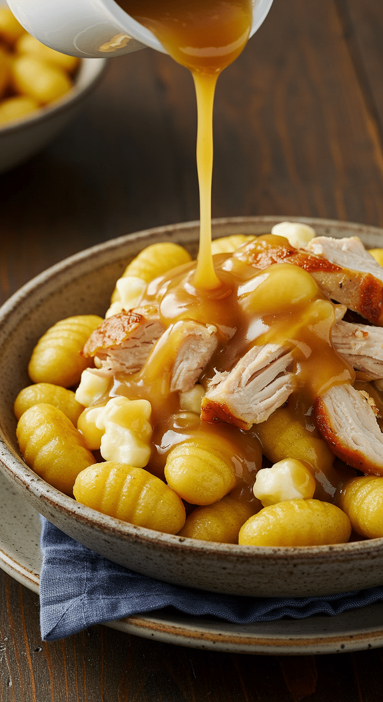 Poutine gnocchi dinde style galvaude dorée fromage grains