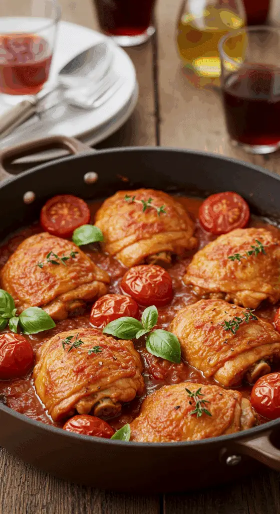 Présentation finale casserole de hauts de cuisses poulet et tomates servie