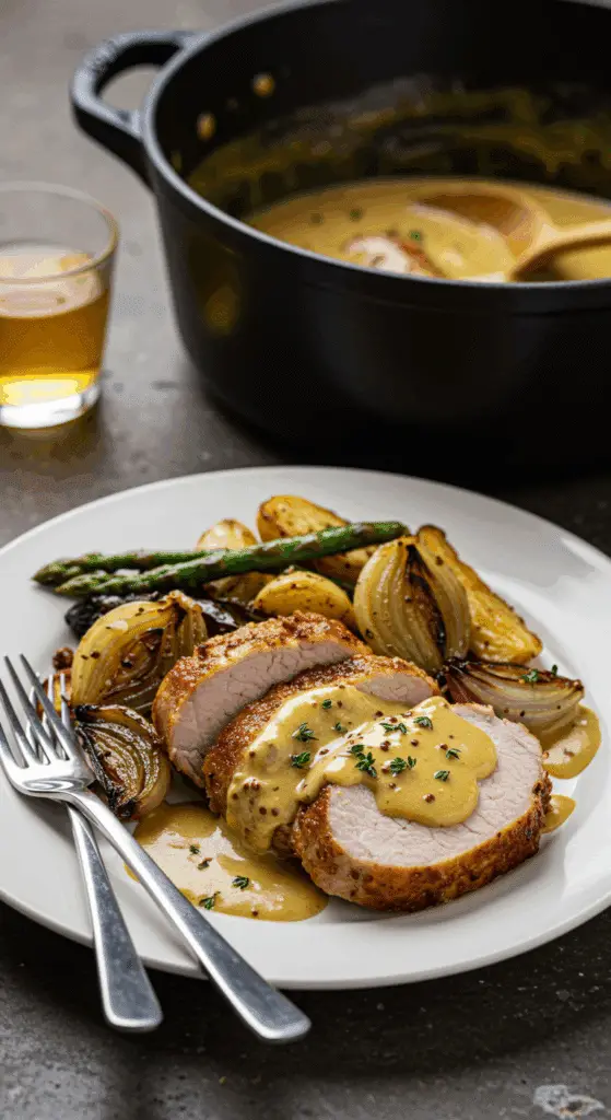 Présentation élégante côtelettes de porc avec sauce au miel et moutarde de Dijon
