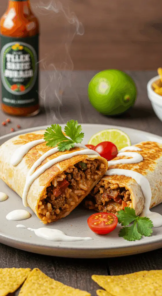 Présentation élégante restaurant burrito mexicain touski à la friteuse à air avec sauce