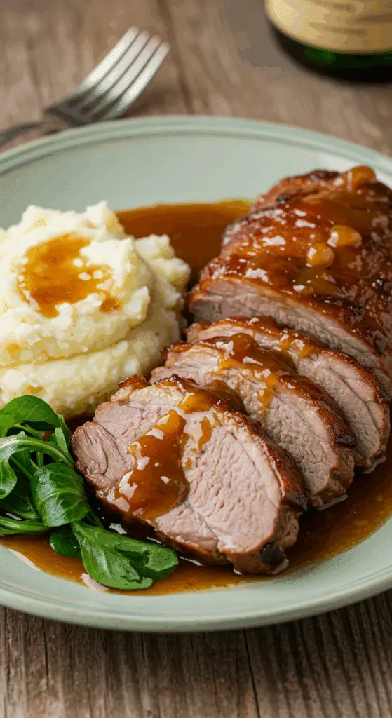 Présentation finale épaule de porc braisée tranchée sur plat service