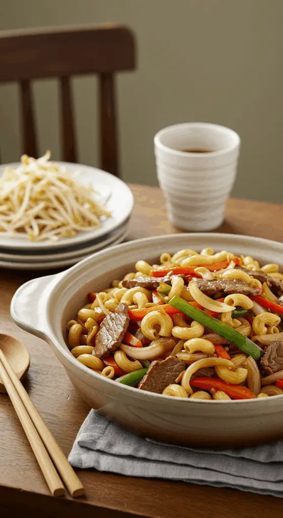 Présentation familiale macaroni chinois grand plat de service