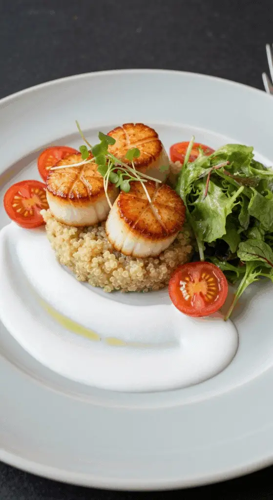 Présentation raffinée pétoncles et quinoa au lait de coco style restaurant