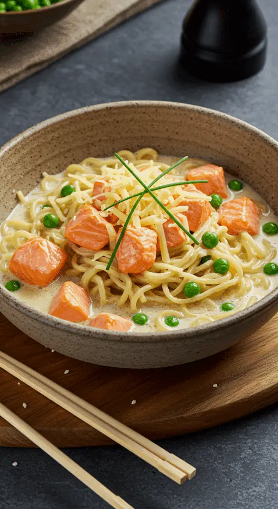Présentation élégante ramen crémeux saumon deux fromages