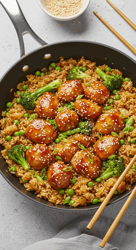 Présentation finale repas de poulet et riz teriyaki dans poêle service
