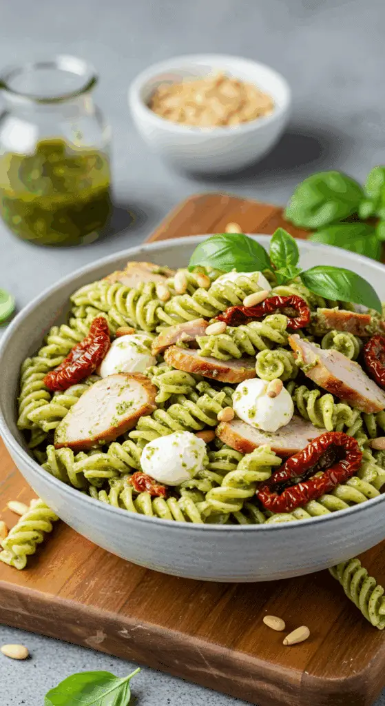 Présentation élégante salade de pâtes dinde bocconcini pesto tomates séchées
