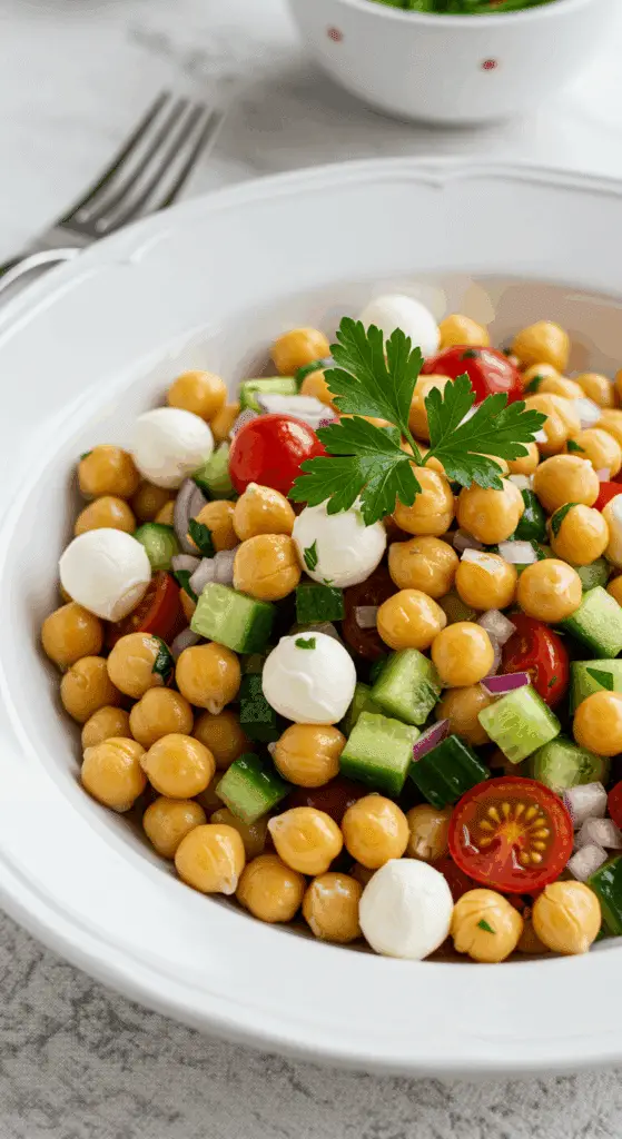 Présentation élégante salade de pois chiches dans bol de service