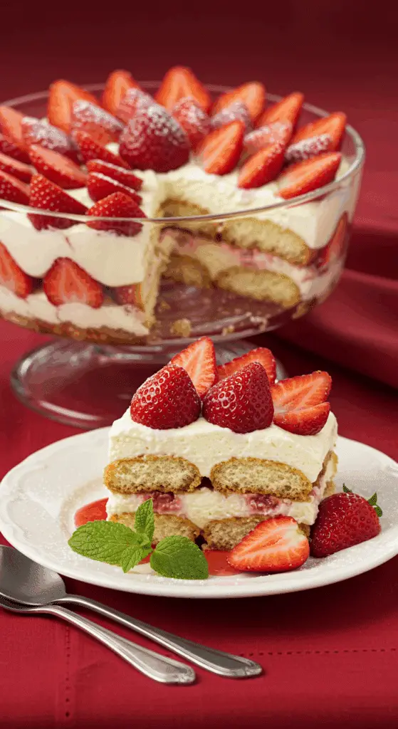 Présentation élégante part de tiramisu aux fraises facile sur assiette