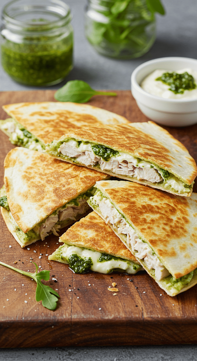 Quesadillas dinde pesto fromage chèvre dorées triangles gastronomiques