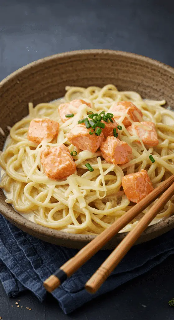 Ramen crémeux au saumon et deux fromages dans bol fumant