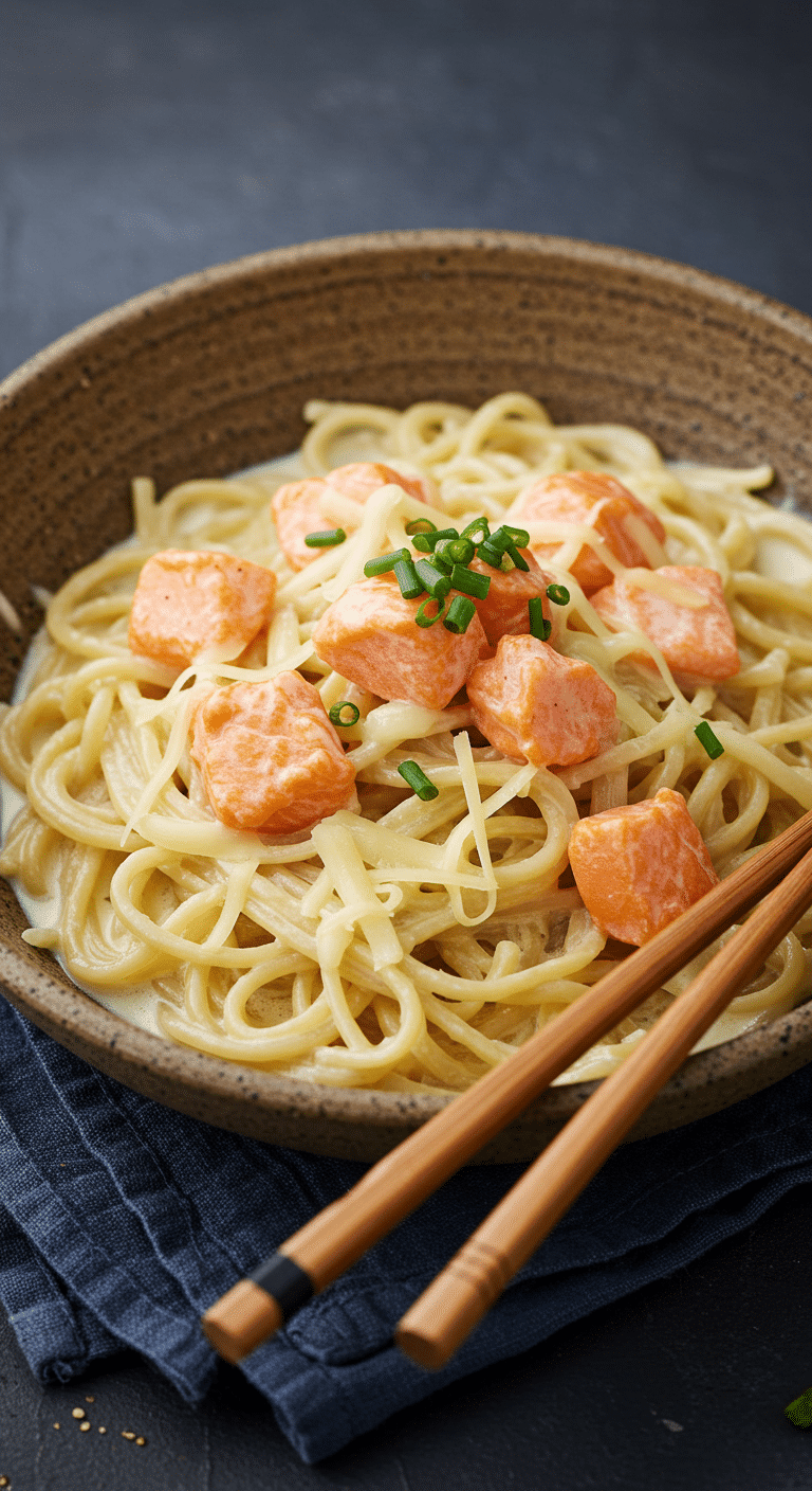 Ramen crémeux au saumon et deux fromages dans bol fumant