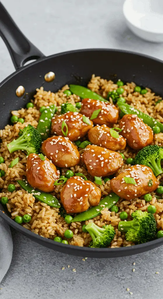 Repas de poulet et riz teriyaki dans une seule poêle avec légumes