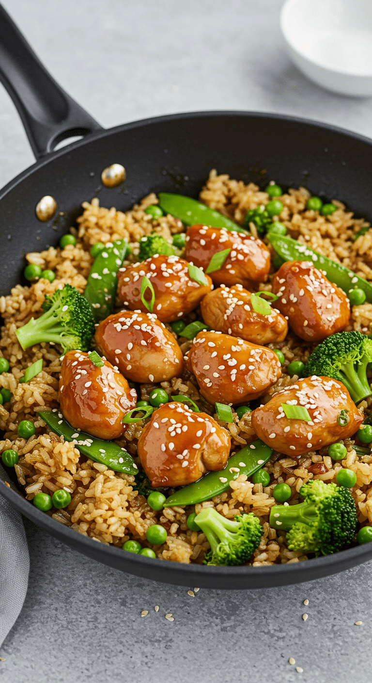 Repas de poulet et riz teriyaki dans une seule poêle avec légumes