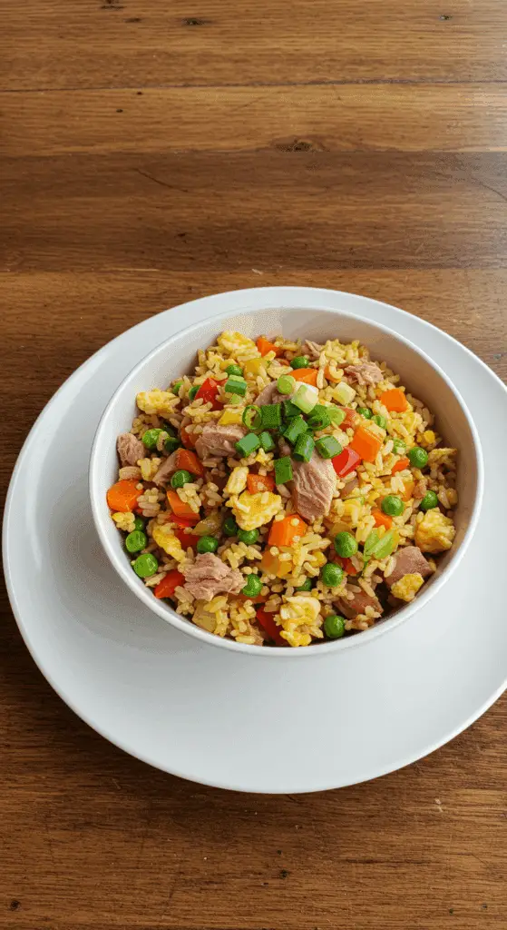 Riz frit au thon avec légumes colorés servi dans un bol asiatique