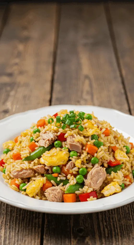 Riz frit au thon terminé dans le wok avec grains dorés croustillants