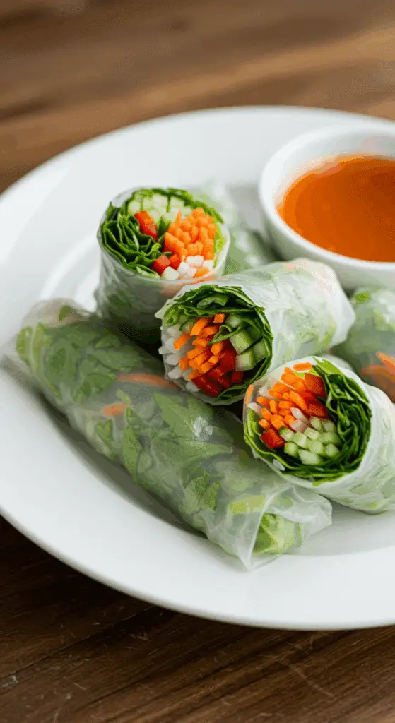 Rouleaux printemps végétariens transparents légumes colorés sauce arachide