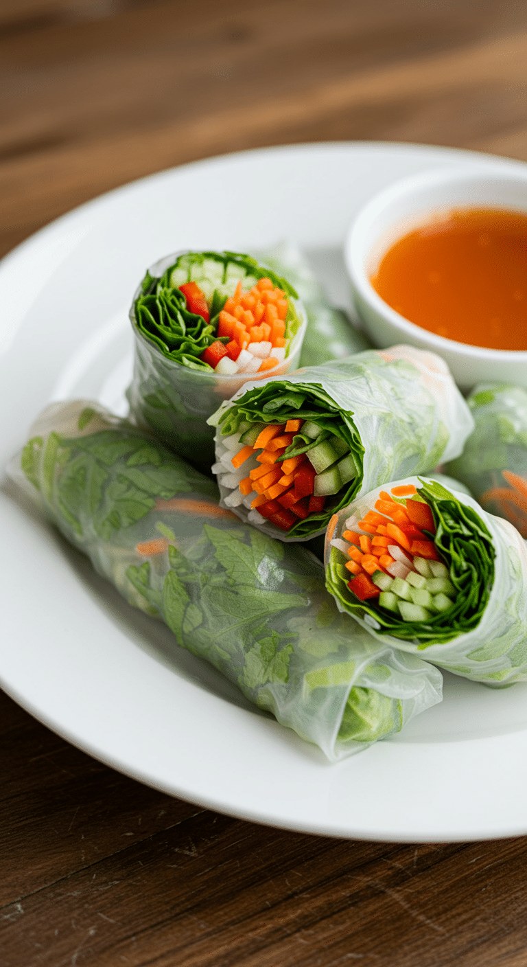Rouleaux printemps végétariens transparents légumes colorés sauce arachide