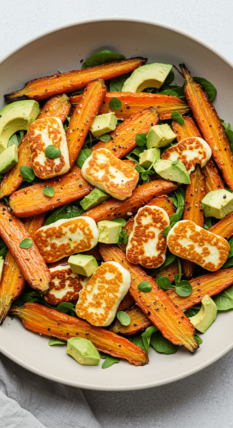 Salade de carottes caramélisées, halloumi grillé et avocat à la friteuse à air colorée