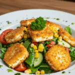 Salade colorée avec feta croustillant et maïs avec présentation moderne vibrante