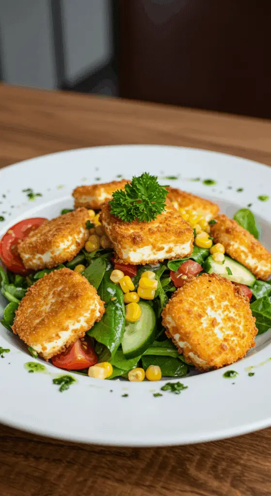 Salade colorée avec feta croustillant et maïs avec présentation moderne vibrante