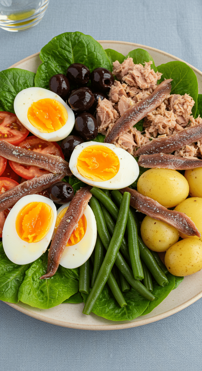 Salade niçoise authentique avec tous les ingrédients traditionnels méditerranéens
