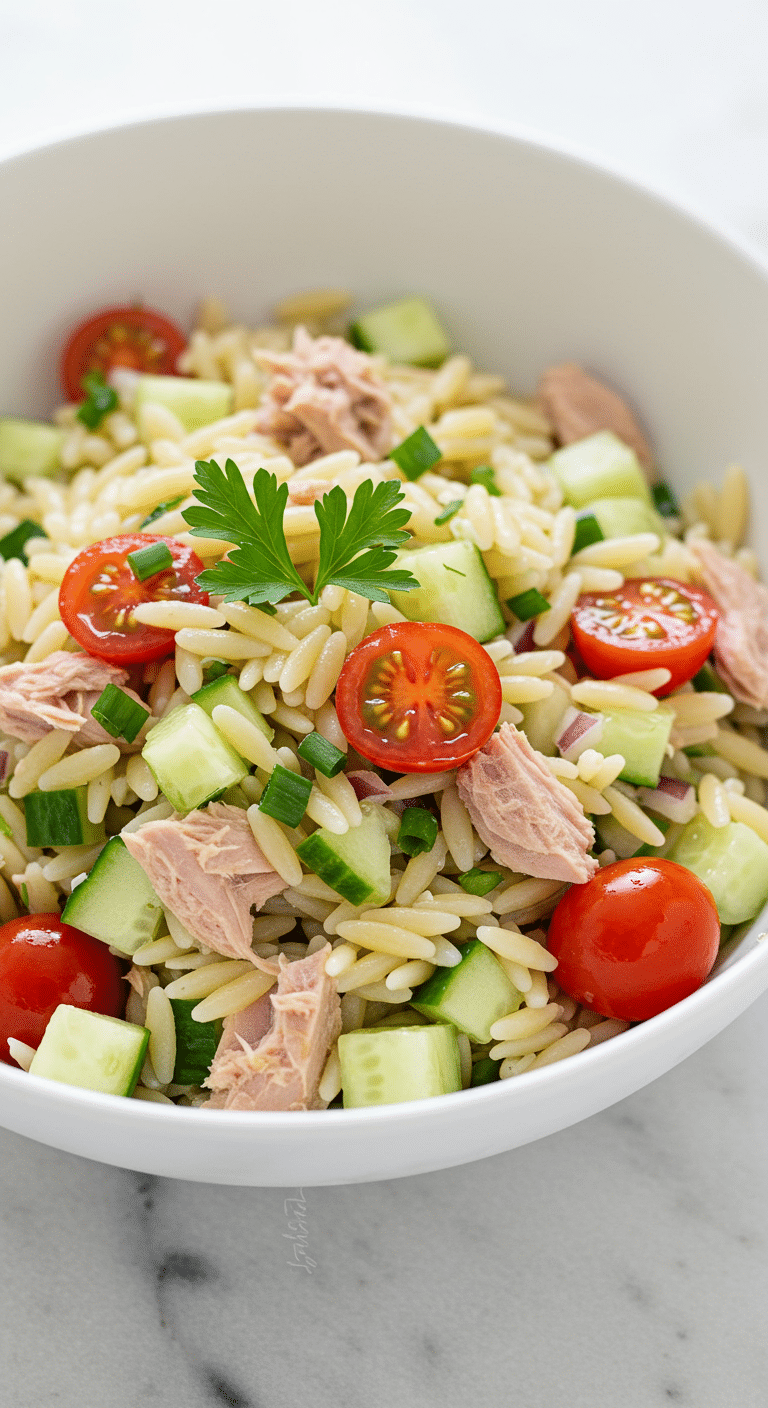 Salade d'orzo minute au thon avec feta et légumes frais dans bol blanc