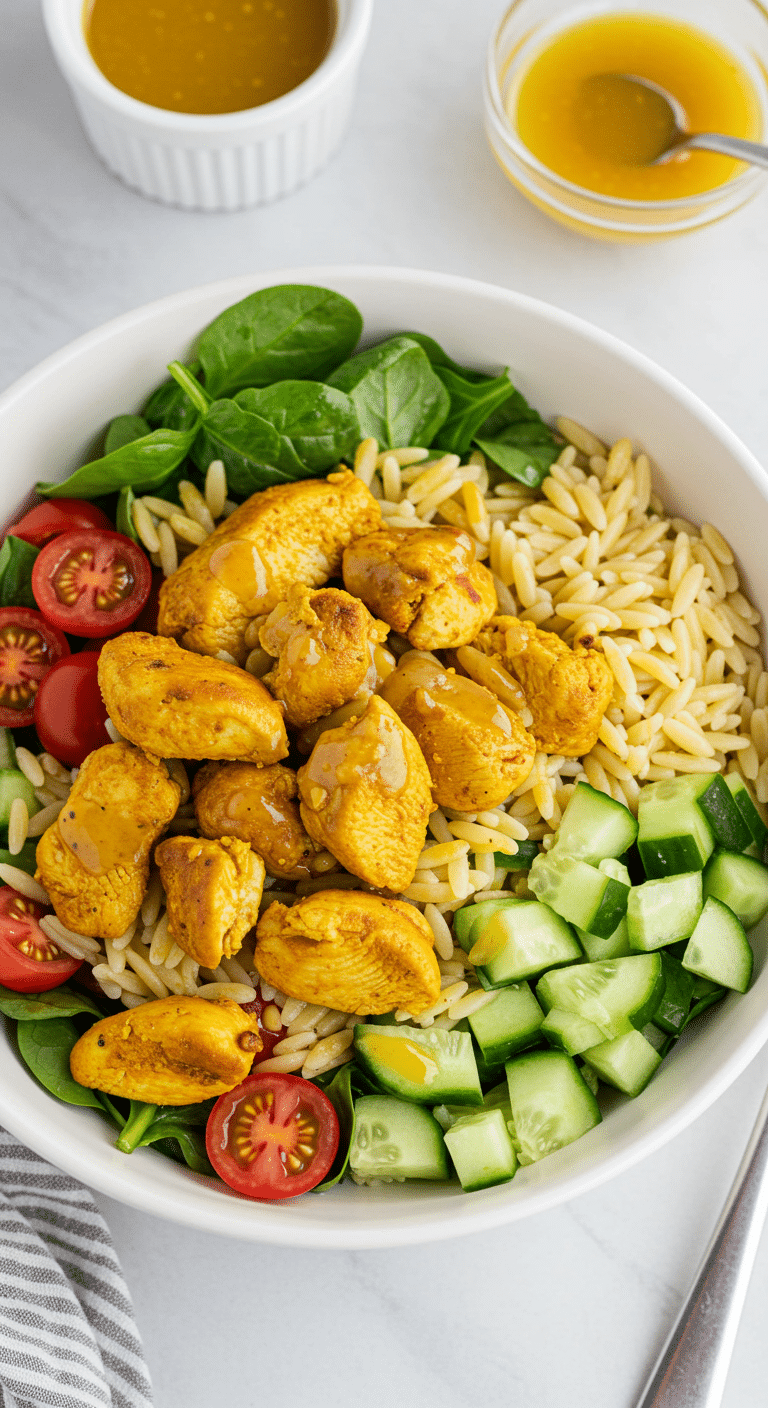 Salade d'orzo et de poulet au curcuma et à l'érable dans un bol blanc