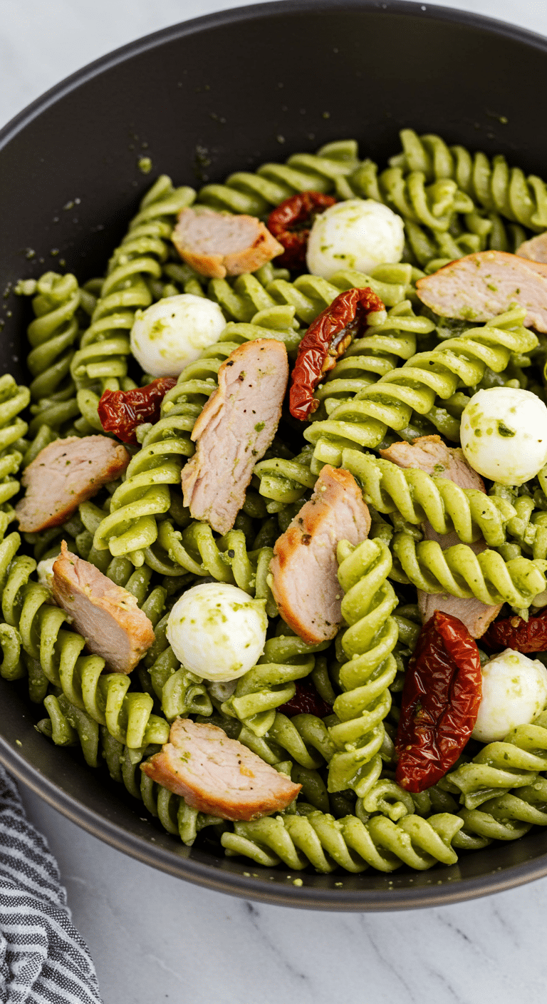 Salade de pâtes à la dinde, bocconcini, pesto et tomates séchées méditerranéenne
