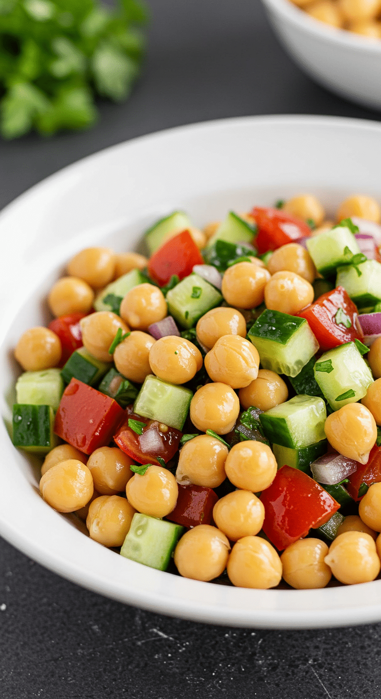 Salade de pois chiches colorée avec légumes frais et mozzarella dans bol blanc