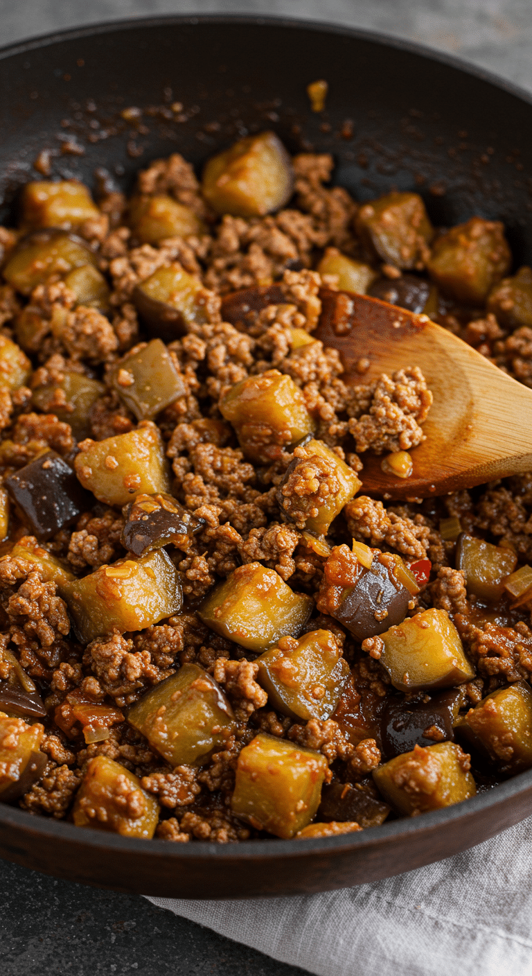 Sauté épicé bœuf haché aubergine wok nouilles asiatiques