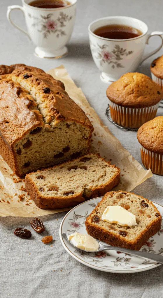 Service cake raisins dattes thé beurre britannique traditionnel