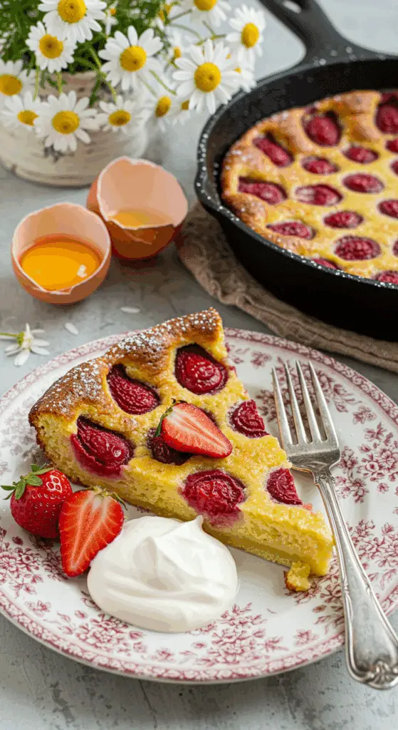 Part de clafoutis aux fraises servie élégamment sur porcelaine française