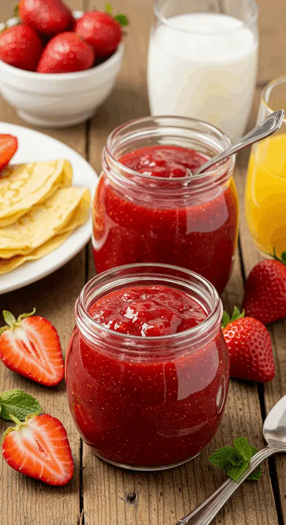 Service compote fraise yaourt crêpes petit-déjeuner sain