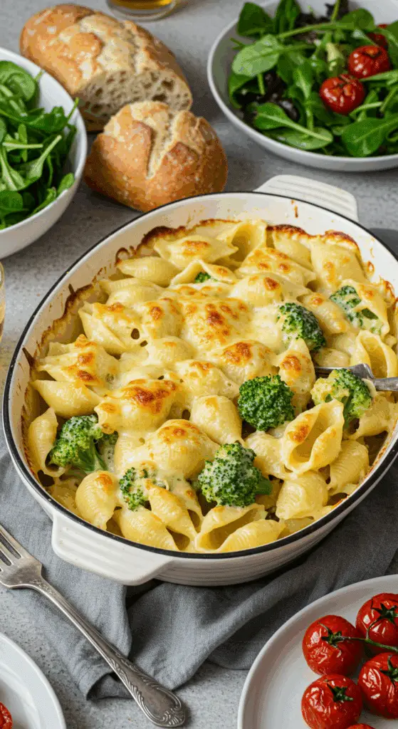 Service coquilles trois fromages brocoli accompagnements réconfortants