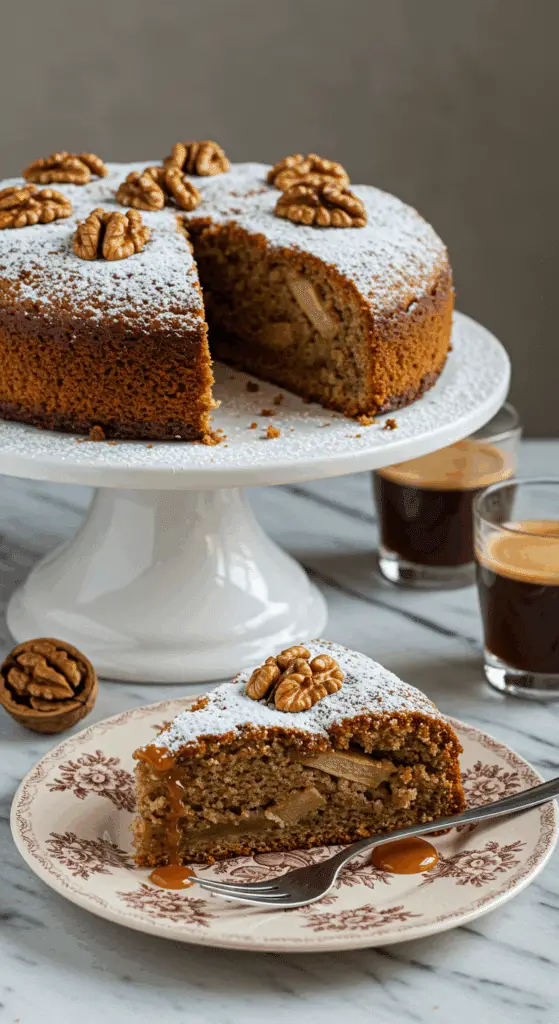 Service gâteau poires noix tranche caramel automne