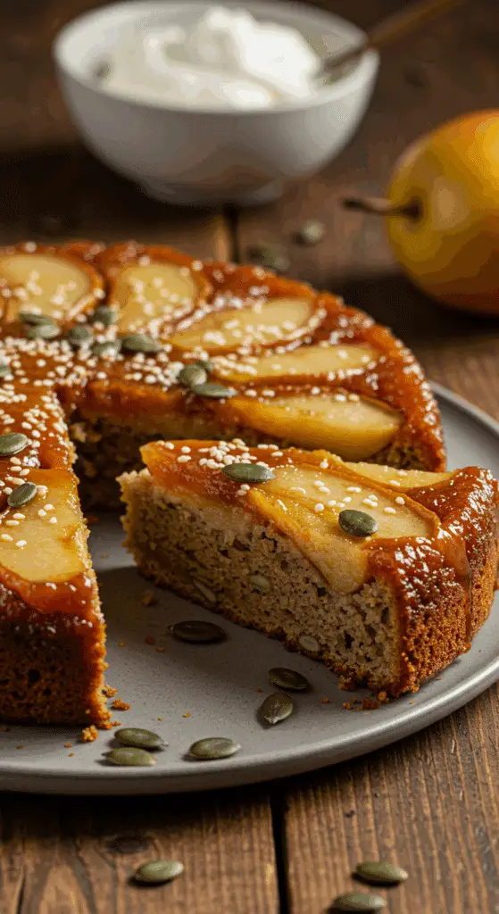 Service gâteau renversé tranche caramel crème fraîche automne