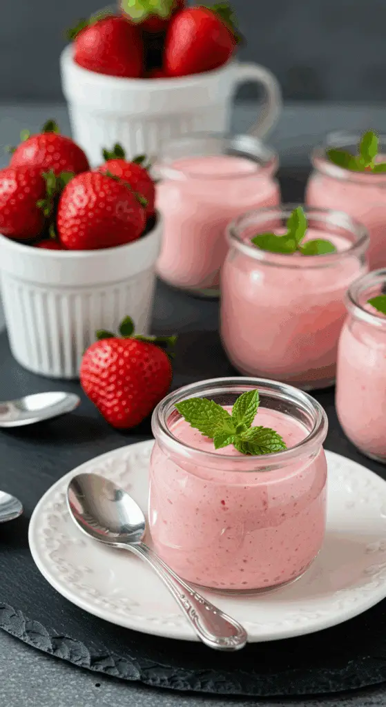 Service mousse fraises individuel garnit élégant assiettes
