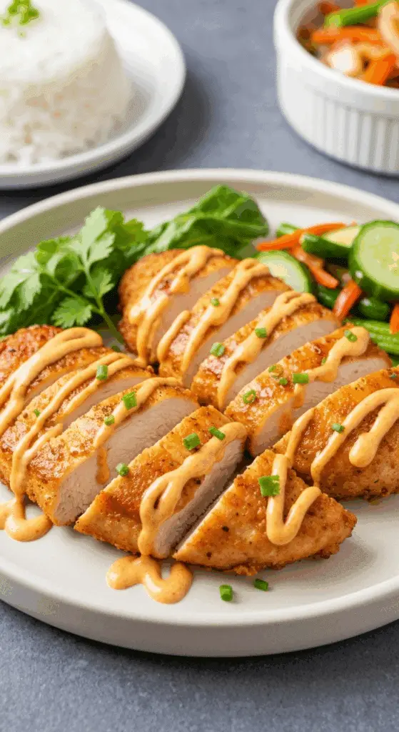Service poitrines poulet bang bang accompagnements fusion asiatiques
