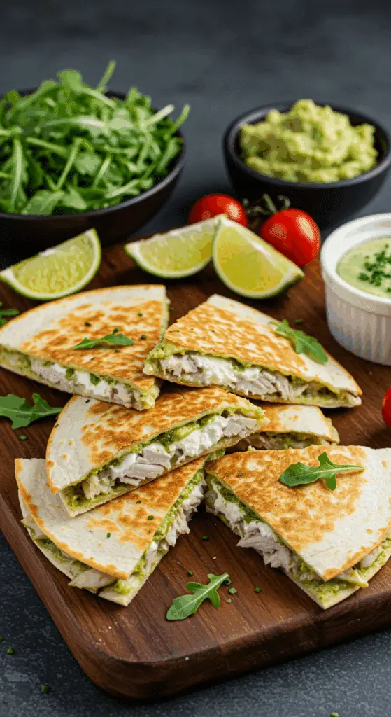 Service quesadillas dinde pesto chèvre accompagnements gastronomiques