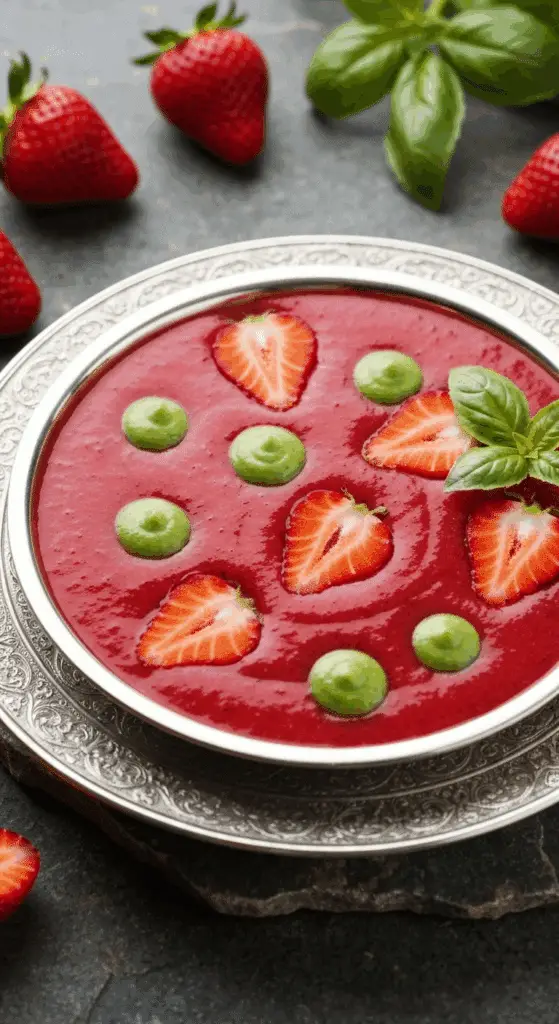 Service soupe fraises basilic bols réfrigérés présentation artistique