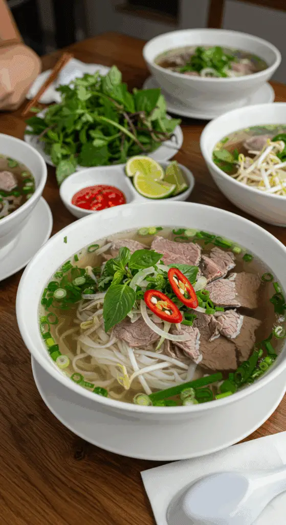 Service soupe tonkinoise accompagnements vietnamiens traditionnels famille