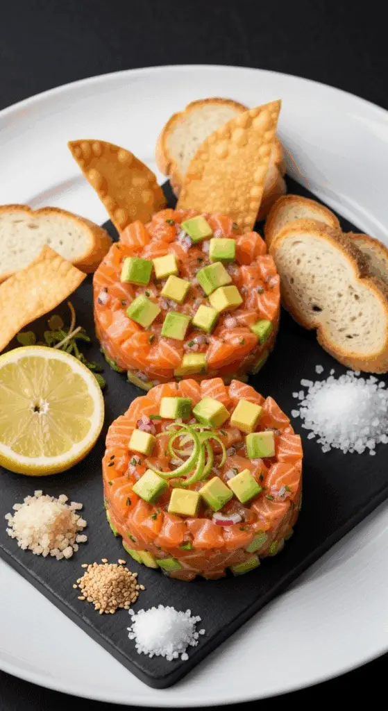 Service tartare saumon avocat avec accompagnements croustillants