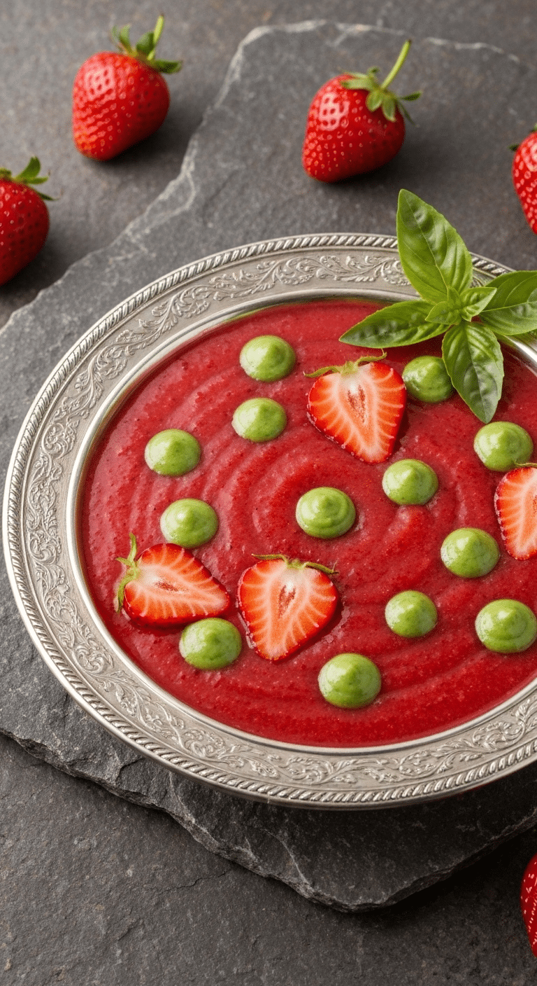 Soupe de fraises au basilic créative dans bols élégants avec garnitures fraîches