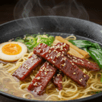 Soupe ramen et jerky de boeuf teriyaki avec œuf mollet et brocoli dans bol japonais