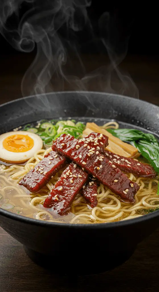 Soupe ramen et jerky de boeuf teriyaki avec œuf mollet et brocoli dans bol japonais