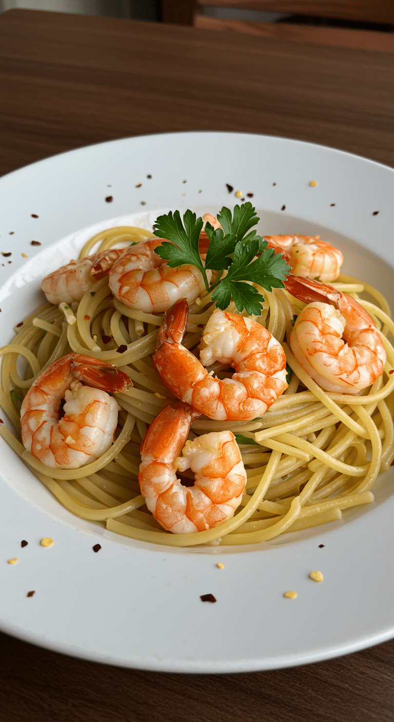 Spaghettis aux crevettes avec champignons dorés et oignons verts dans bol blanc