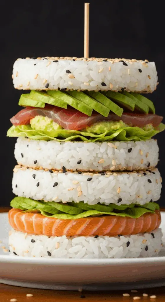 Sushi géant style burger coupé en deux montrant toutes les couches colorées