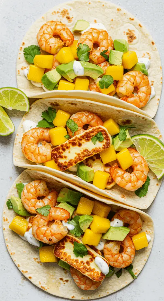 Tacos aux crevettes mexicains colorés épicés avocat chou
