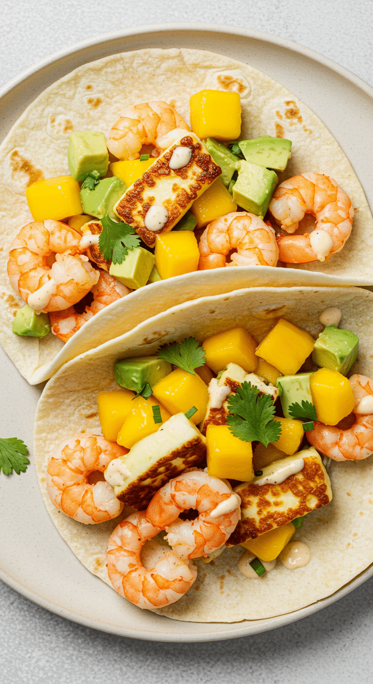 Tacos crevettes mangue avocat halloumi colorés fusion tropicale