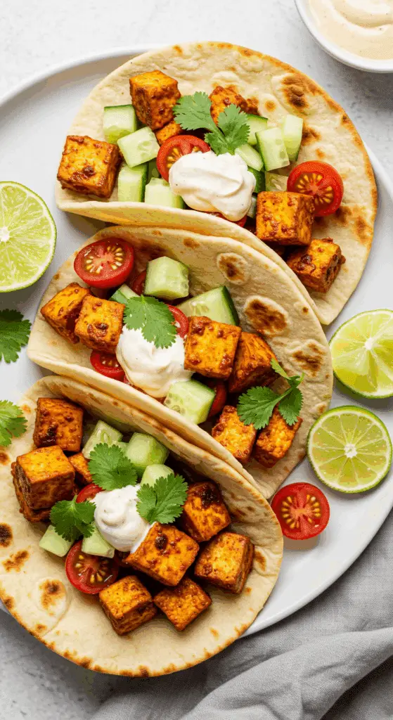 Tacos de tofu Tandoori à l'érable sur pain naan à la friteuse à air colorés